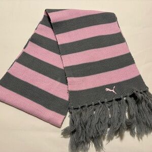 Pink and Gray Puma Striped Scarf with Fringe